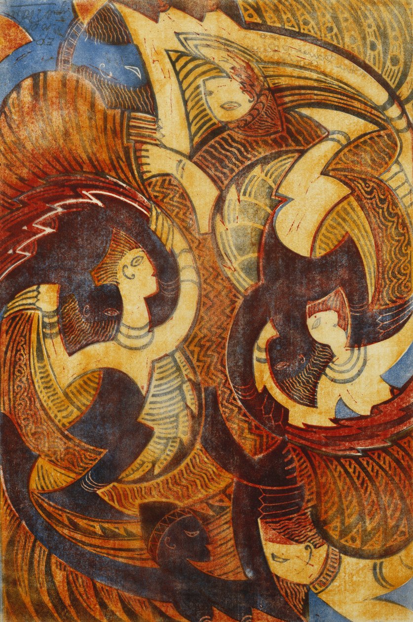 Ateş Dansı, c. 1931 (ince Japonya üzerine renkli olarak basılmış linocut) by Cyril Edward Power