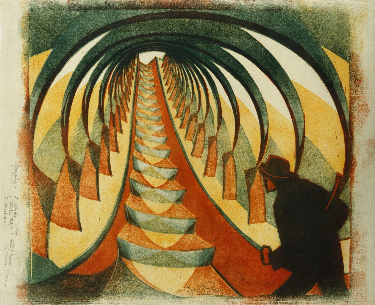 Yürüyen Merdiven, c. 1929 (ince Japonya üzerine renkli olarak basılmış linocut) by Cyril Edward Power