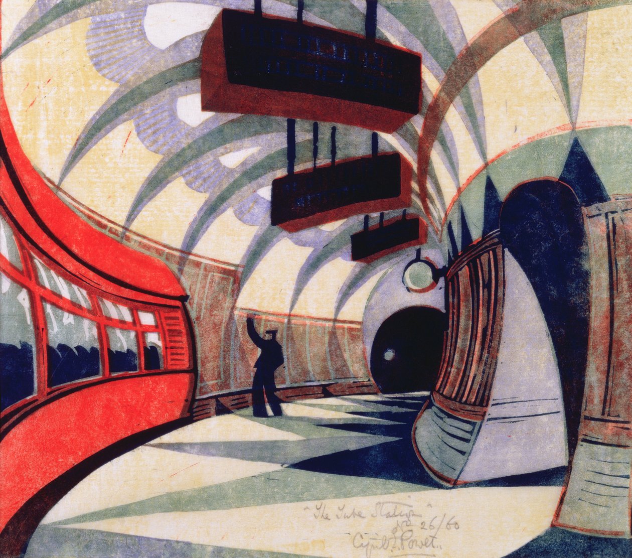 The Tube Train, c.1932 (linocut) (ayrıca bkz. 151089) by Cyril Edward Power