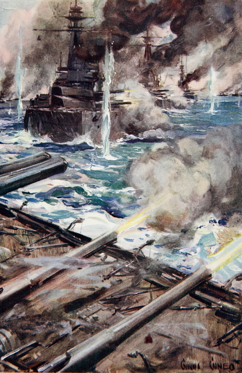 1916'da yayınlanan 'Told in the Huts: The YMCA Gift Book'tan bir çizim, 'Borudan ateş eden bir zırhlı filosu' by Cyrus Cuneo