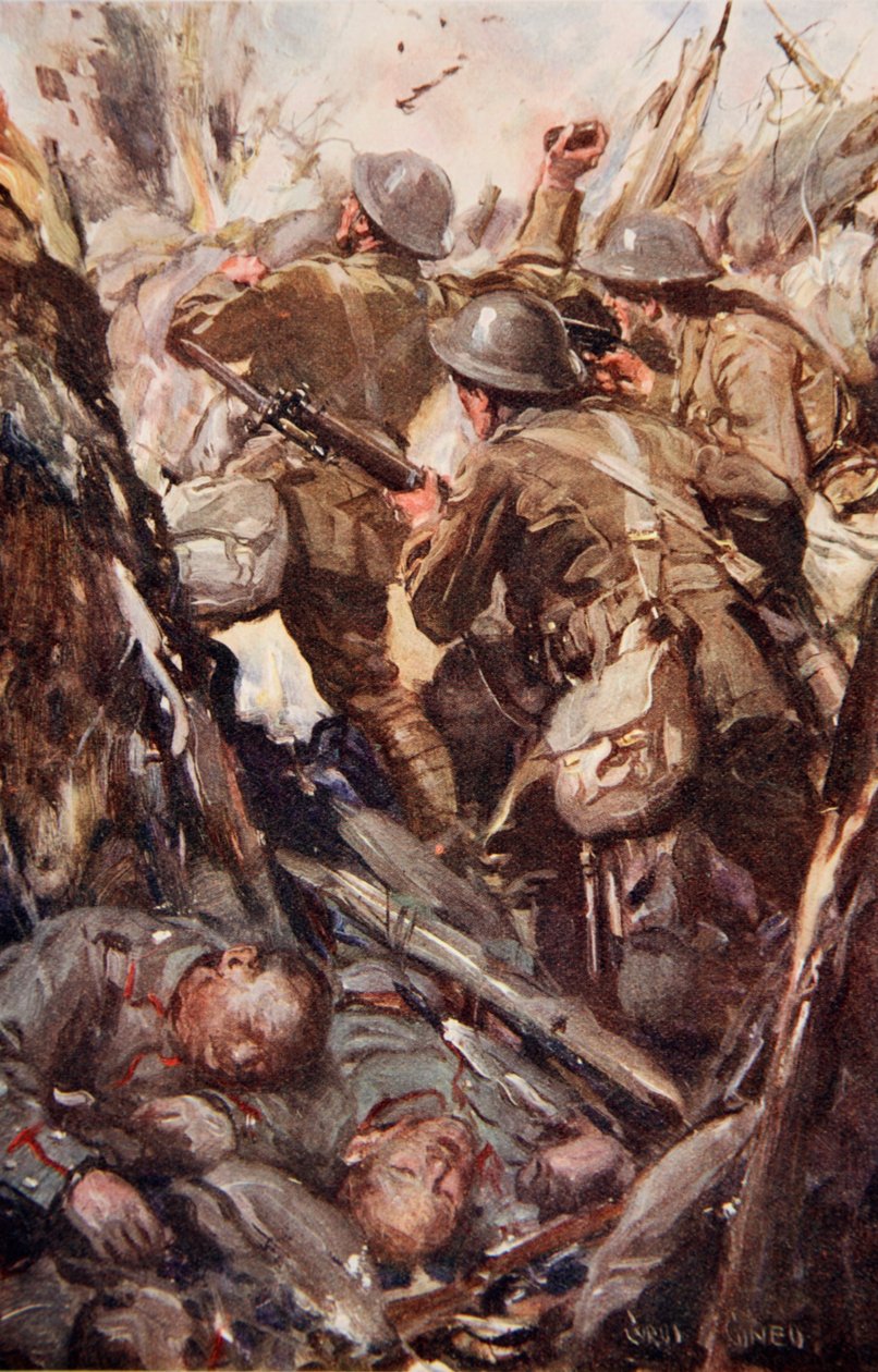 1916'da yayınlanan 'Told in the Huts: The YMCA Gift Book'tan bir örnek, 'Düşman siperine kadar bombaladılar ve süngüyle tırmandılar' by Cyrus Cuneo