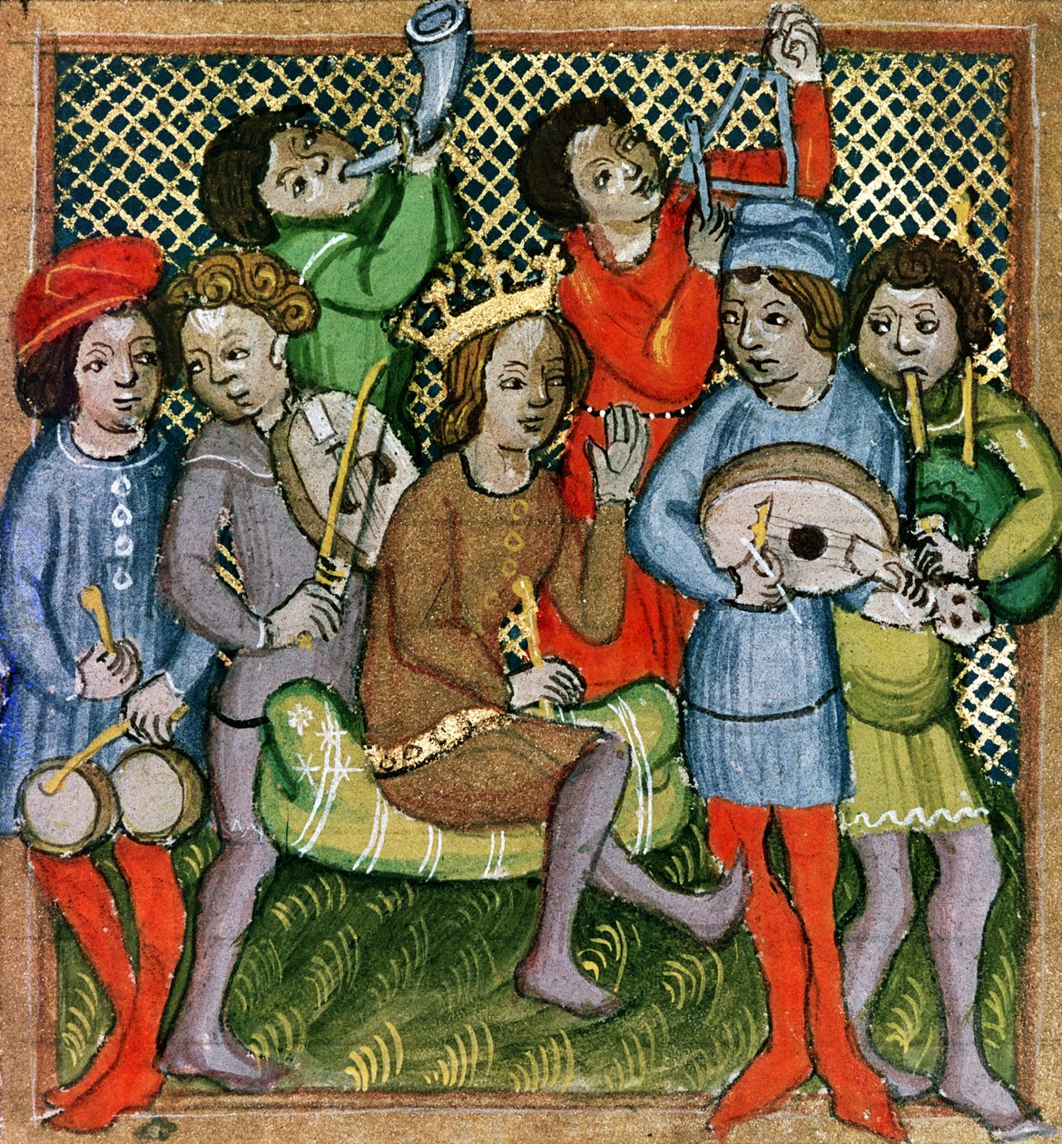 Ud, gayda, üçgen, korno, viyola ve davul çalan müzisyenlerle çevrili oturan taçlı figür (el yazması) by Czech School
