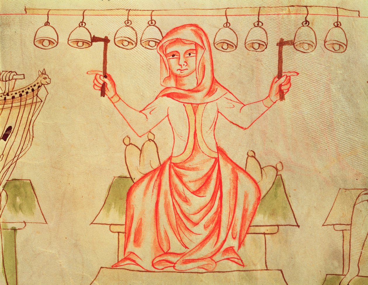 Mx XXIII C.124 Çan çalan müzisyen, Velislav İncilinden, c.1340 by Czech School