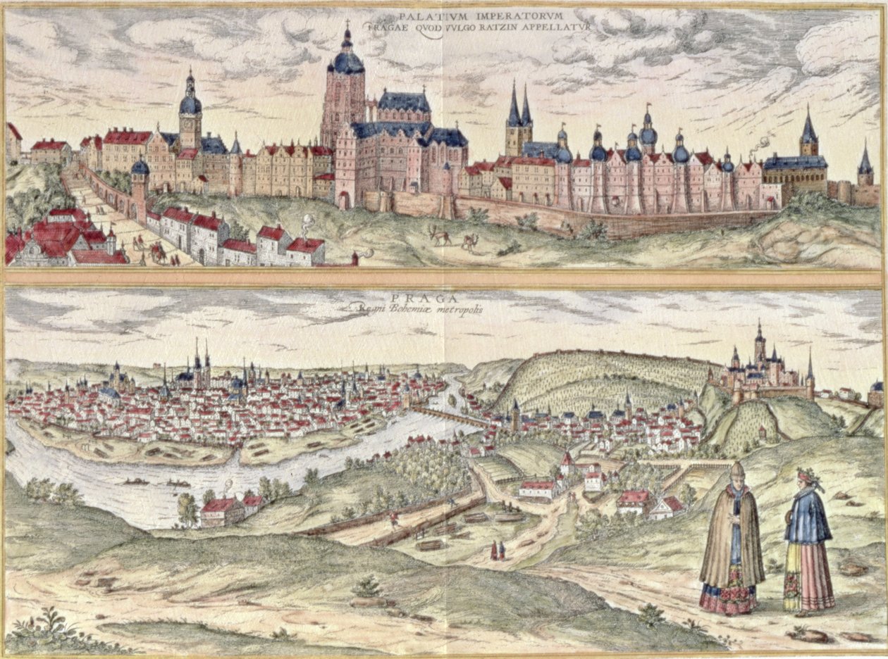 Prag'ın İmparatorluk Sarayı'nı (Hradschin) ve (altta) şehrin eski ve modern bölümlerini ayıran Vltava nehrini gösteren (üstte) görünümü (gravür) by Czech School
