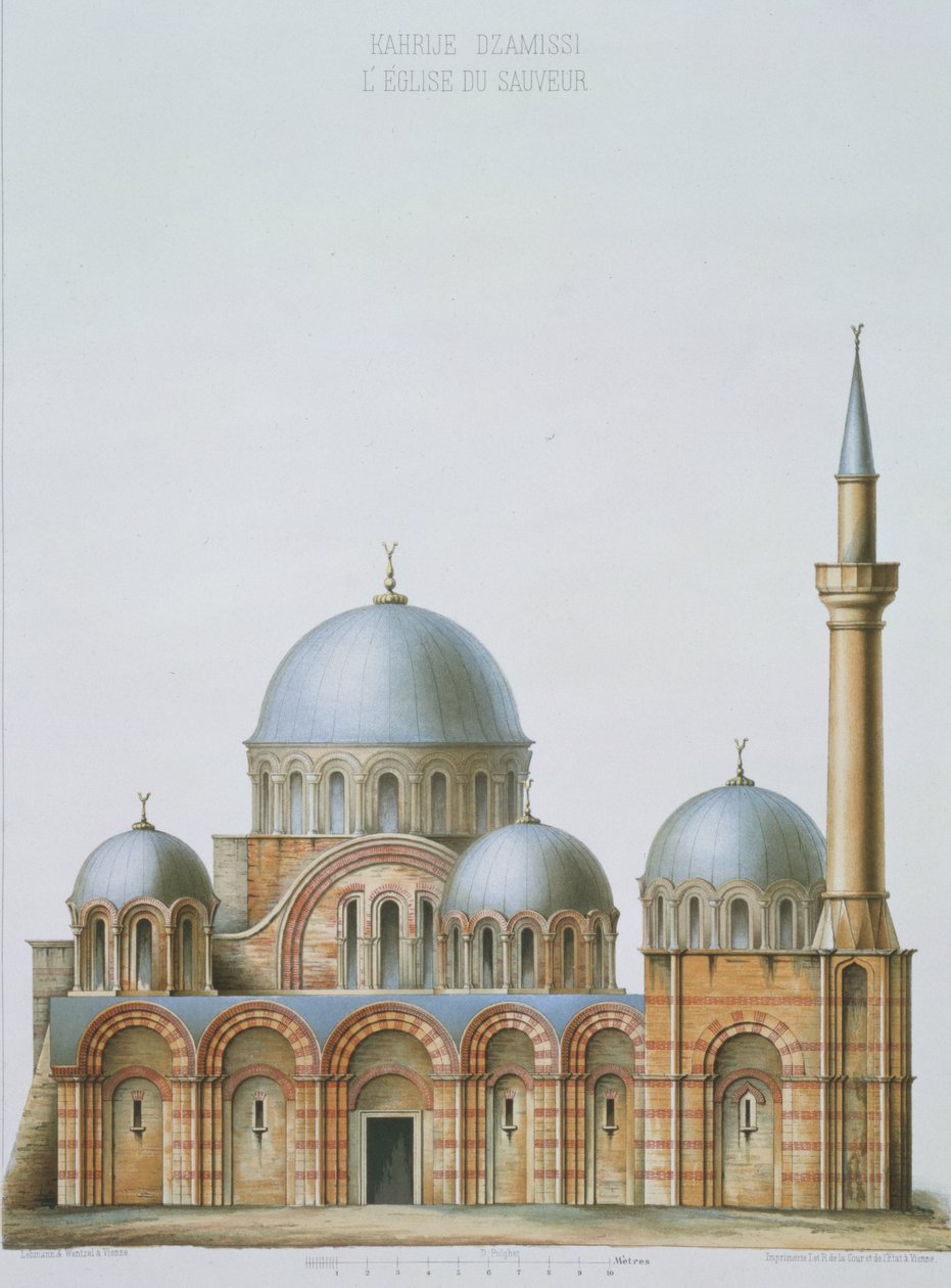 Kahrije Dzamissi'nin cephesi, Kurtarıcı Kilisesi, 'Konstantinopolis Kilise Mimarisi'nden, pub. Lehmann ve Viyanalı Wentzel, c.1870-80 by D. Pulgher