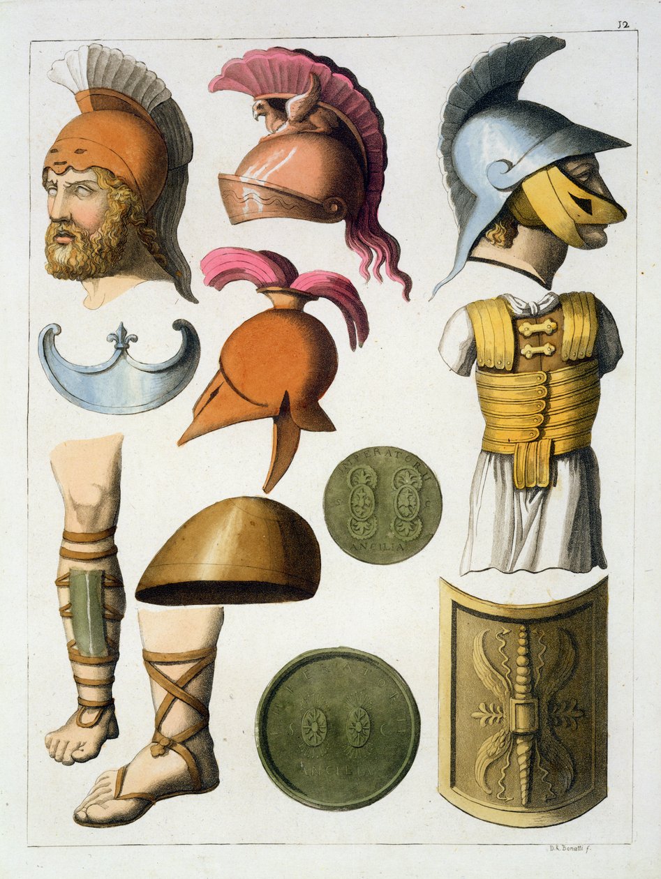 Jules Ferrario'nun 'Le Costume Ancien et Moderne' adlı eserinden Roma askeri teçhizatı, 1820'ler-30'lar arasında yayınlandı by D.K. Bonatti