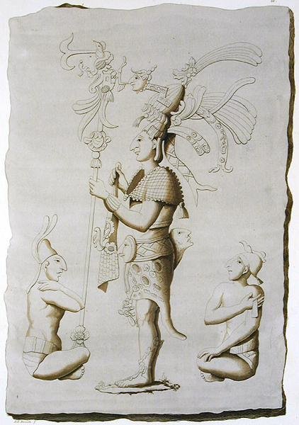 Bir kral, saraydan heykel, Palenque, Chiapas, Meksika (renkli gravür) by D.K. (after) Bonatti