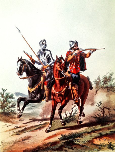 Tekerlek kilitli tabancalarla donanmış Fransız süvarileri (renkli lito) by D. de (after) Noirmort