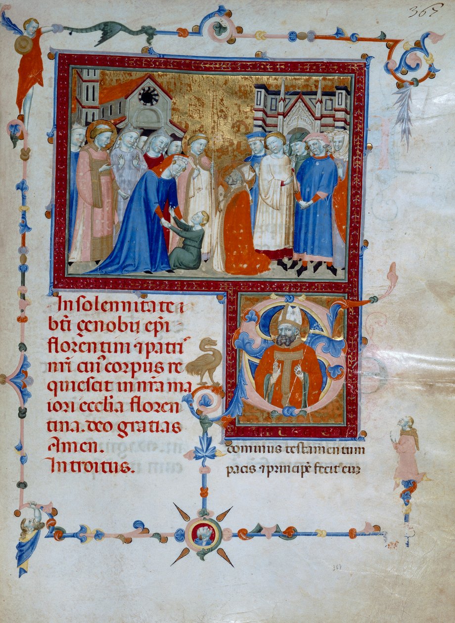San Zanobi, bir Roman Missal için bir çocuğu ölümden diriltir (Codice Edili 107, c. 367) by Daddesco Maestro