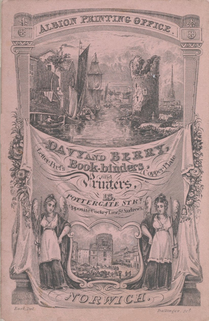 Davy ve Berry için ticaret kartı, Book-Binder and Printer, 19. yüzyıl. by Dallinger