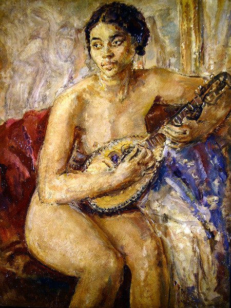Model ve Mandolin (tuval üzerine yağlı boya) by Dame Ethel Walker