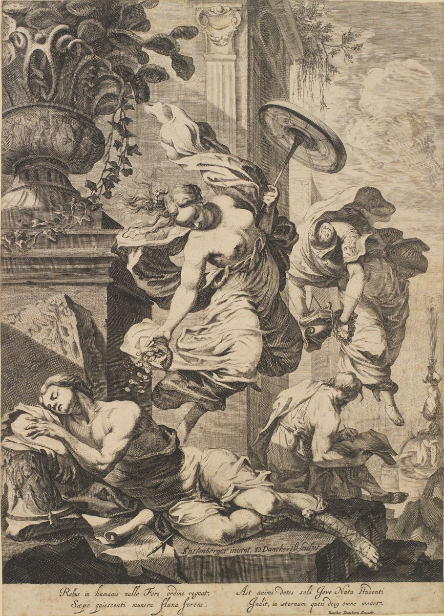 Fortuna ve antik kostümlü uyuyan bir sanatçı ile alegori by Dancker Danckerts