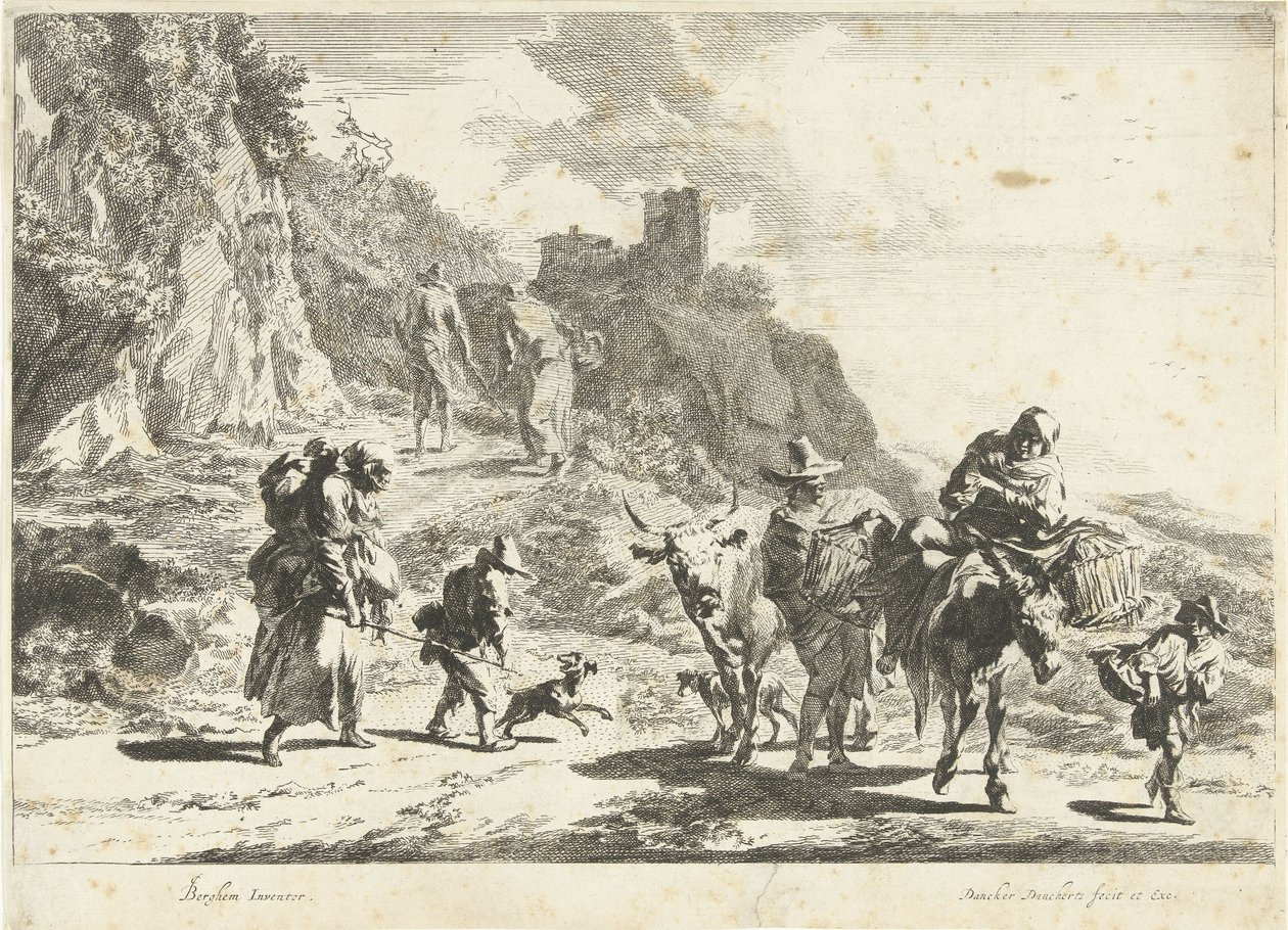 Dolu eşek üzerinde kadın, inekli adam ve dağ manzarasındaki diğer gezginler Güney Manzaraları (dizi başlığı) by Dancker Danckerts