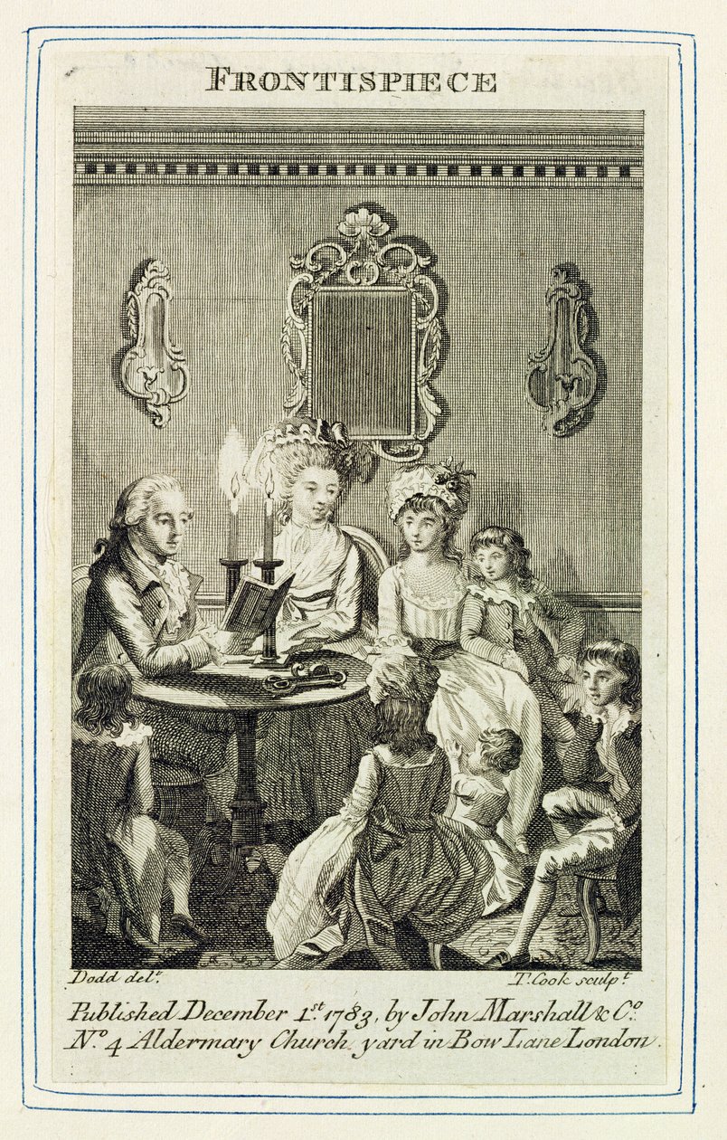 Mum Işığında Ailesine Okuyan Bir Baba, Thomas Cook (1744-1818) tarafından bir kitap barının ön yüzüne oyulmuş. John Marshall und Co., 1783 tarafından by Daniel Dodd