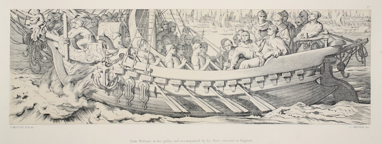 Dük William, kadırgasında ve filosuyla birlikte, L. Gruner tarafından kazınmış 'Norman Fetihinin Öyküsü'nden İngiltere'ye geçiyor, 1866 by Daniel Maclise