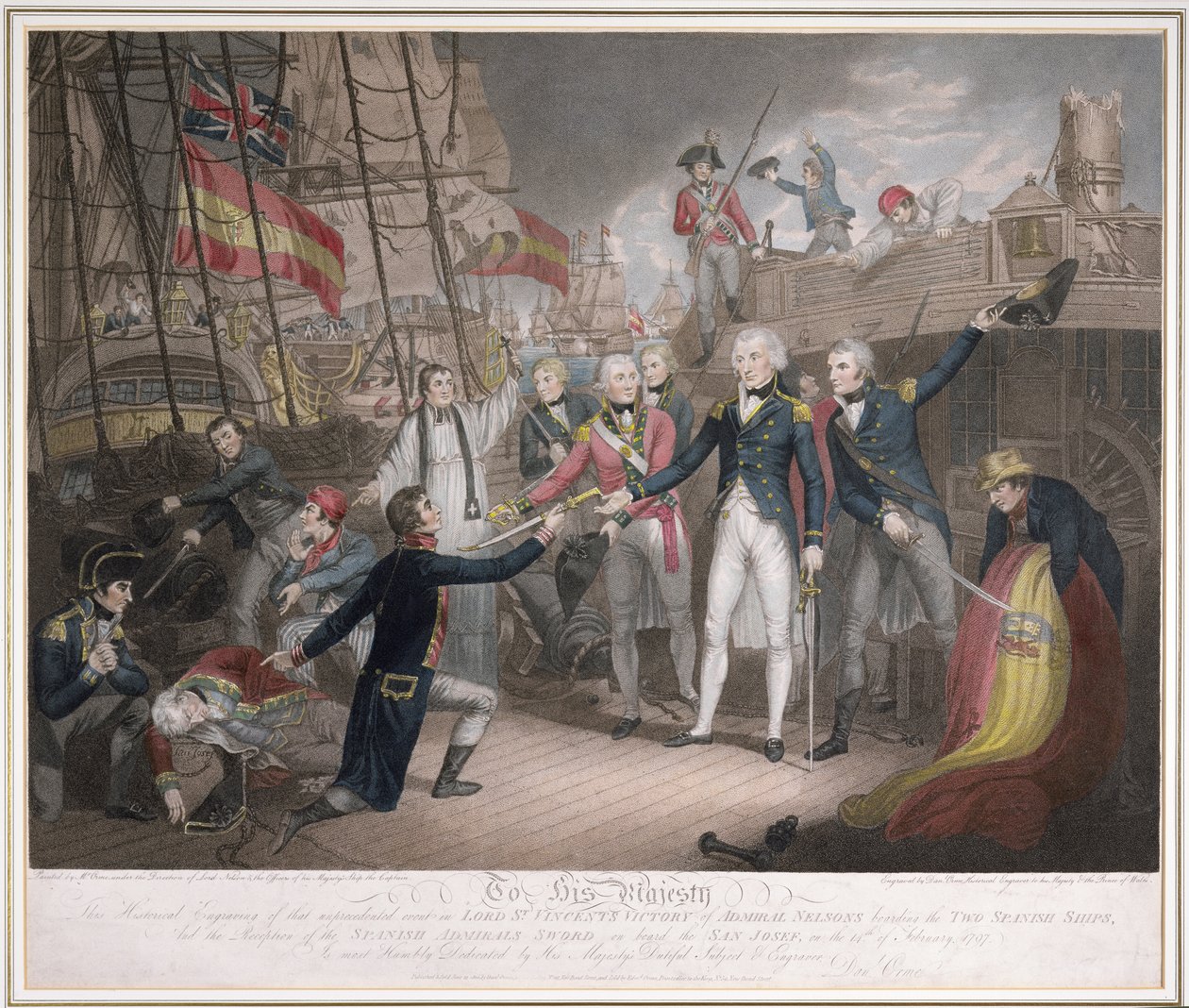 Amiral Nelson'ın iki İspanyol gemisine binmesi, 14 Şubat 1797, 21 Haziran 1800'de yayınlandı (aquatint ve gravür) by Daniel Orme