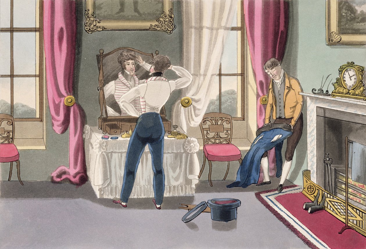 İhmal, 1823'te yayınlanan 'Moda Adamının Gerekli Nitelikleri'nden 1. plaka (el renkli aquatint) by Daniel Thomas Egerton