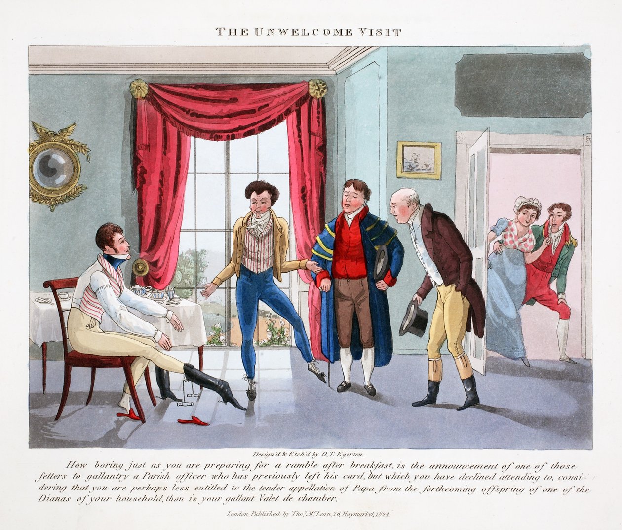 İstenmeyen Ziyaret, Peter Quiz, pub tarafından 'Modaya Uygun Bores veya Coolers in High Life'dan bir örnek. Thomas McLean, Londra 1824 (el boyaması gravür) by Daniel Thomas Egerton