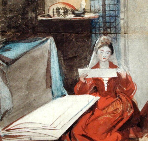 Bir Portföyün İçeriğini İnceleyen Ortaçağ Kostümlü Bir Kadın (kağıt üzerine suluboya) by Daniel Maclise