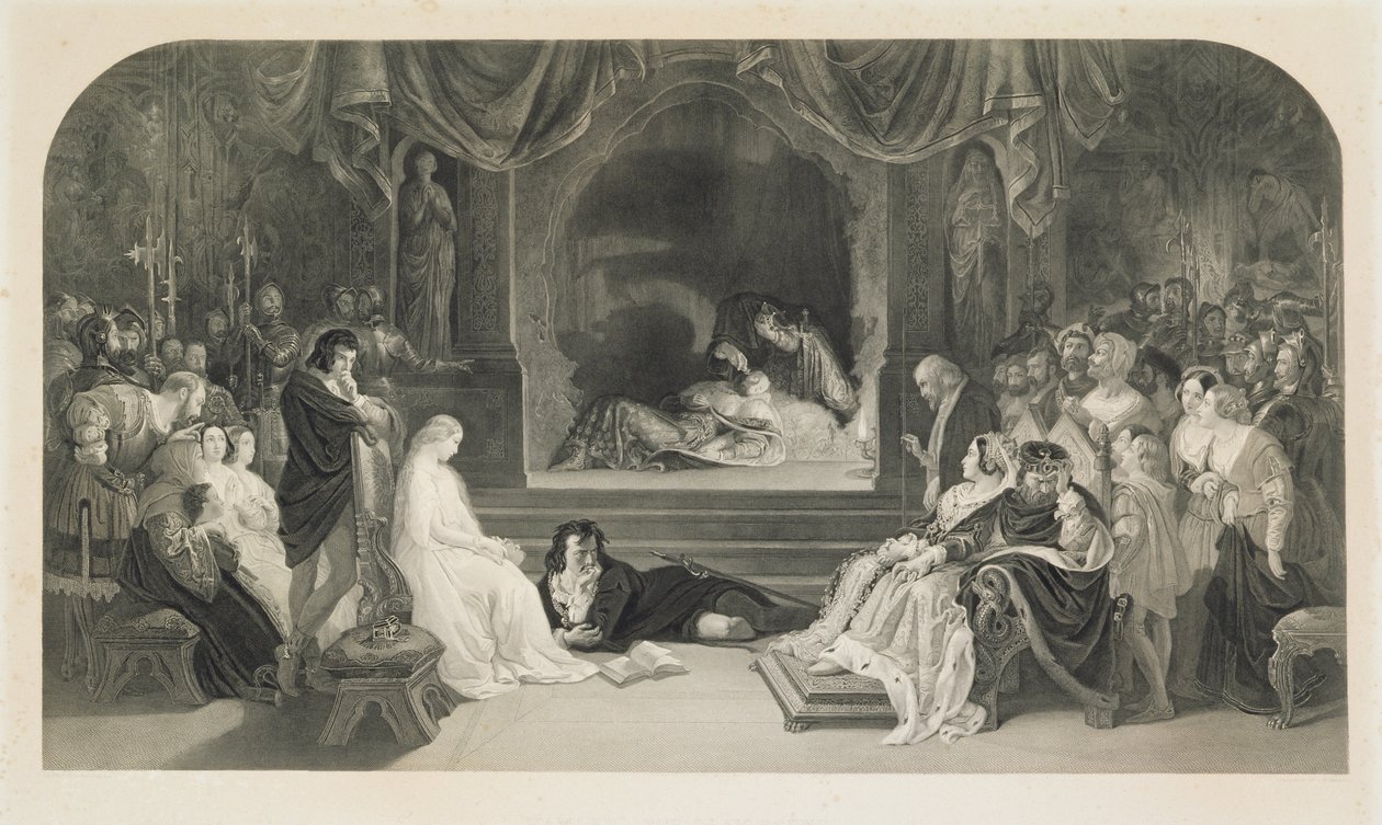 Oyun Sahnesi, III. Perde, William Shakespeare'in Hamlet II. Sahnesi, Charles W. Sharpe tarafından oyulmuş (lito) by Daniel (after) Maclise