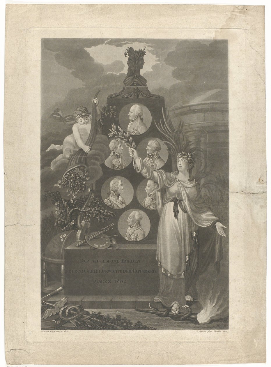 Alegori op de Vrede van Amiens, 1802 Cesaret dengesiyle genel barış Mart 1802 (nesne üzerine başlık) by Daniel Berger