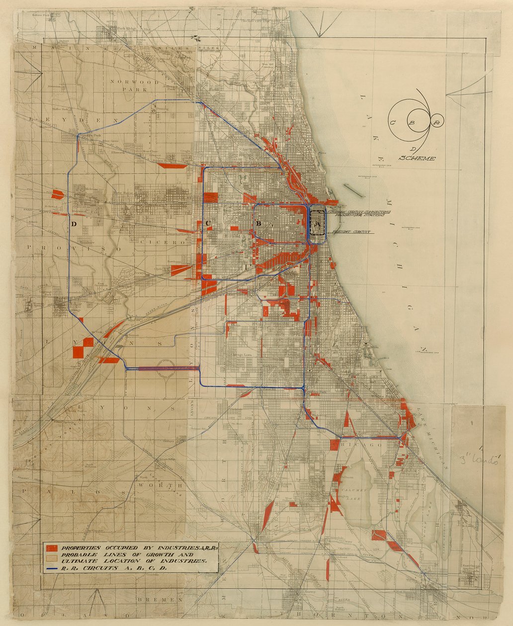 Chicago Planı, Chicago, Illinois, Demiryolu Devreleri Şeması, 1909. by Daniel Burnham
