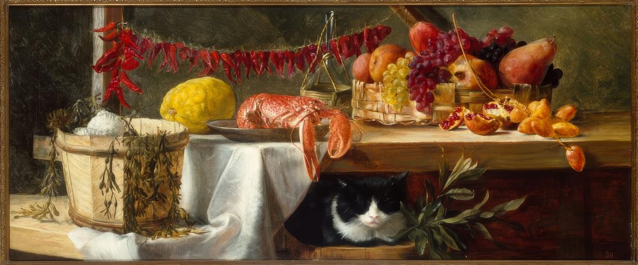 Acı biber, meyve, ıstakoz ve kedi ile natürmort by Daniel Hock