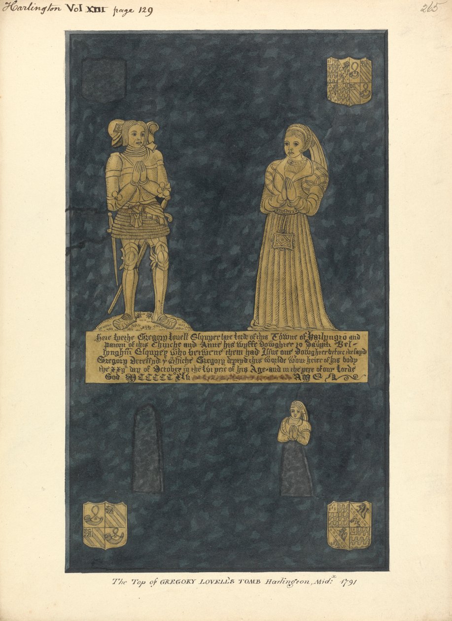 Gregory Lovell ve Karısı Anne, David Bellingham'ın kızı, Harlington Kilisesi için Pirinç Levha by Daniel Lysons