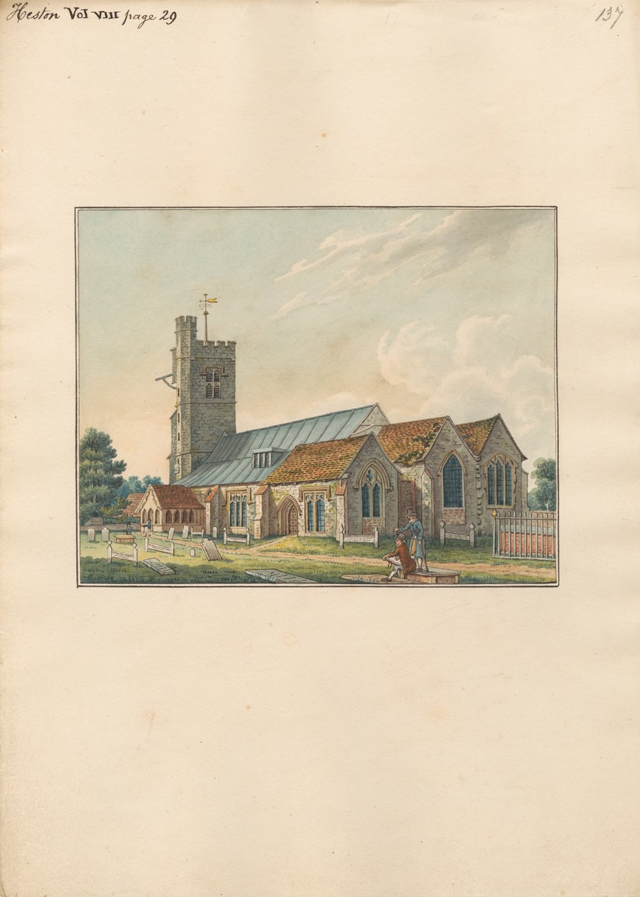 Heston Churchyard ve Mezar Taşlarını Çizen Sanatçı by Daniel Lysons