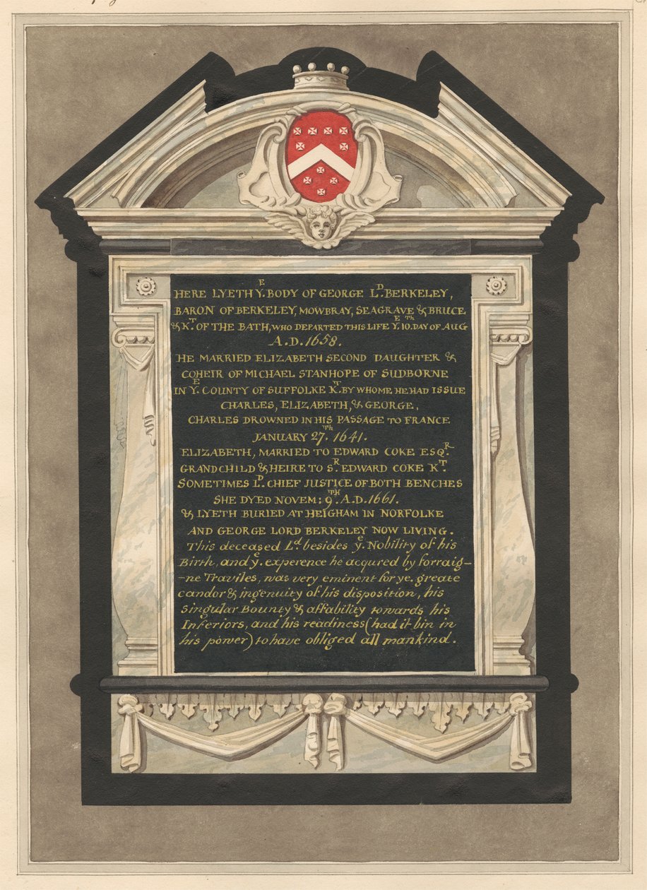Cranford Kilisesi'nden George Lord Berkeley Anıtı by Daniel Lysons