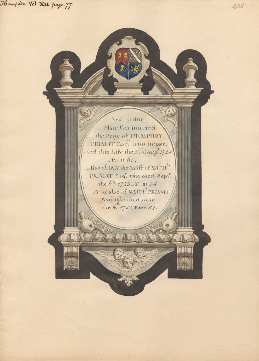 Hampton Kilisesi'nden Humphry Primat, Nathaniel ve Ann Primat Anıtı by Daniel Lysons
