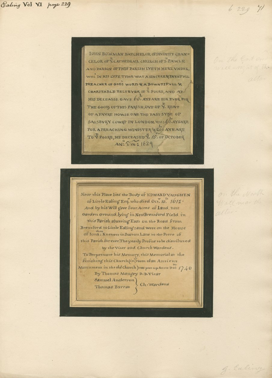 Ealing Kilisesi'nden John Bowman ve Edward Vaughen Anıtı by Daniel Lysons