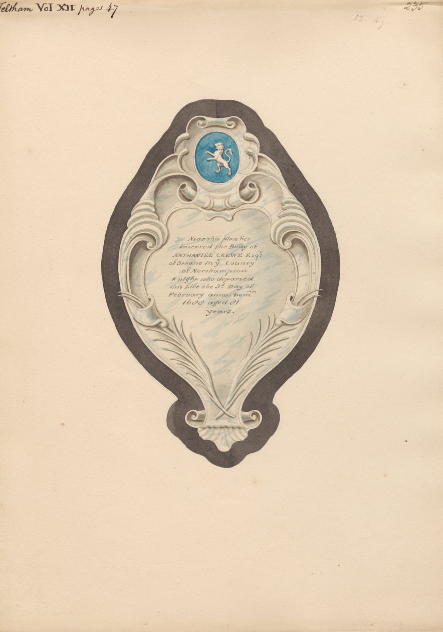 Feltham Kilisesi'nden Nathaniel Crewe Anıtı by Daniel Lysons