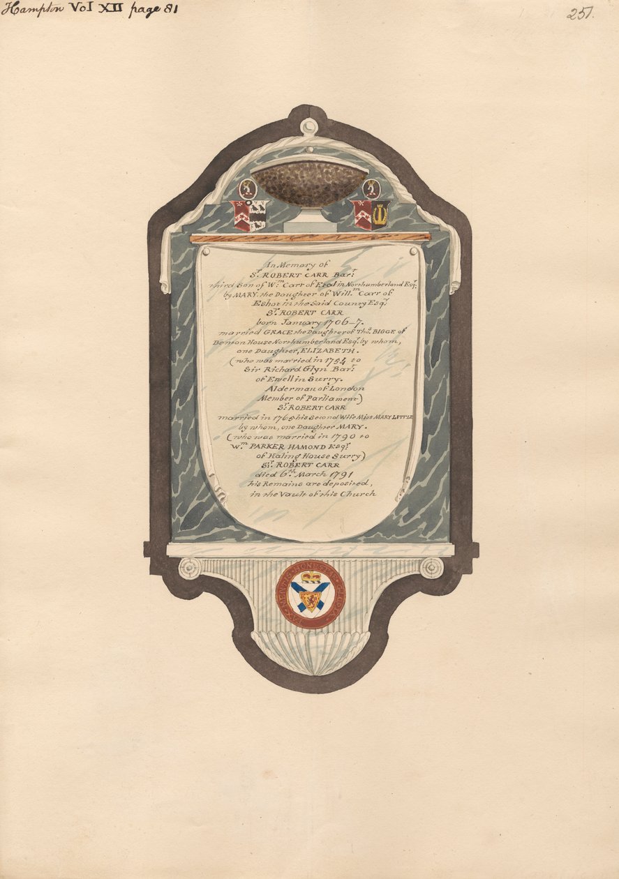 Hampton Kilisesi'nden Sir Robert Carr Anıtı by Daniel Lysons