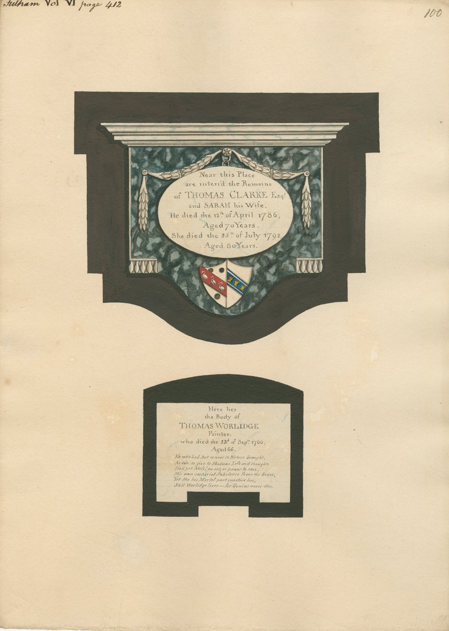 Fulham Kilisesi'nden Thomas Clarke ve eşi Sarah ve Thomas Worlidge Anıtı by Daniel Lysons