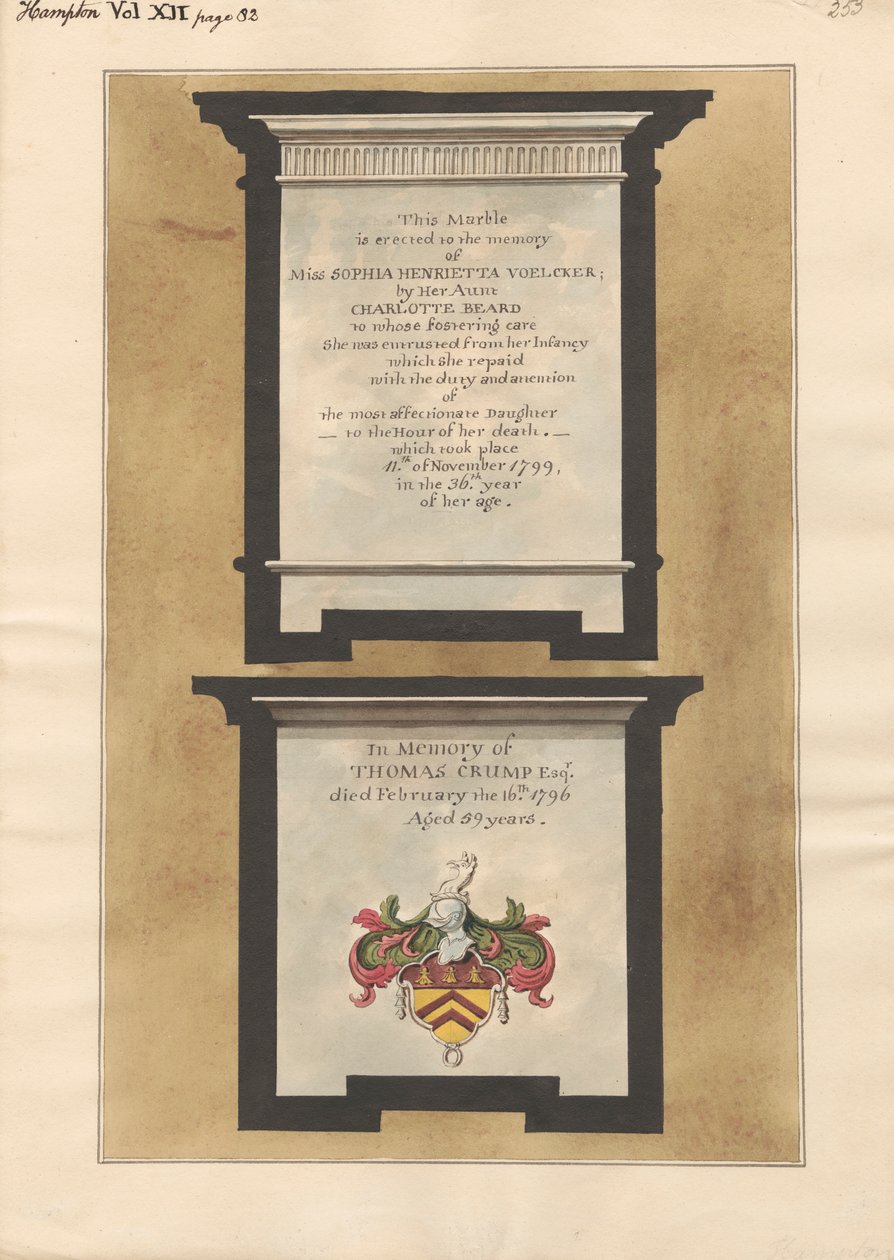 Hampton Kilisesi'nden Bayan Sophia Henrietta Voelcker ve Thomas Crump Anıtları by Daniel Lysons