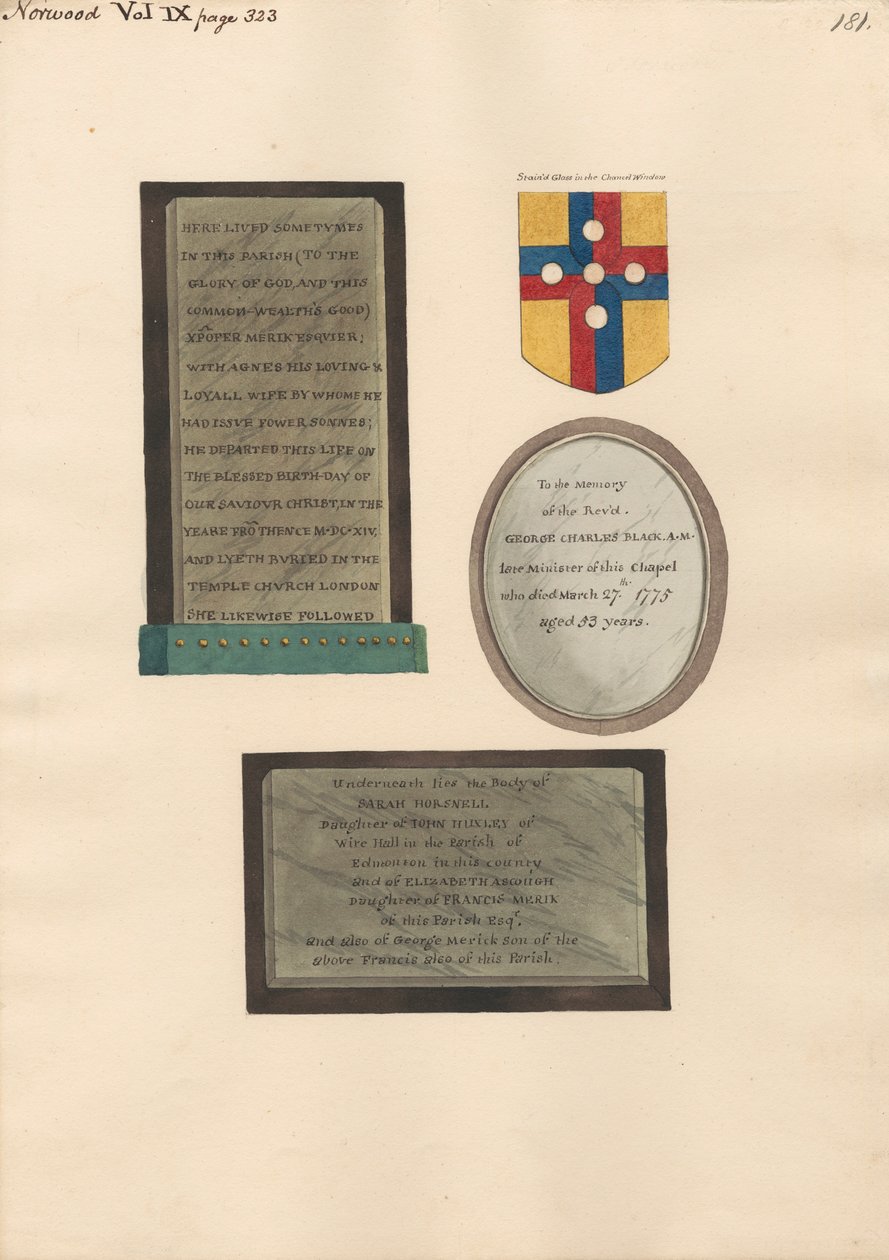 Xpofer ve Agnes Merick, George Charles Black ve Sarah Horsnell, Elizabeth Ascough ve George Merick Anıtları by Daniel Lysons