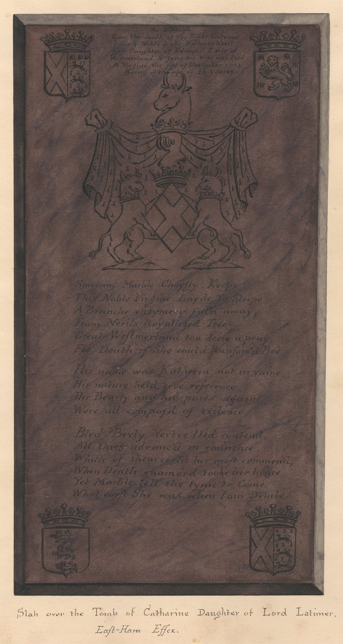 East Ham Kilisesi'nden Lord Latimer'in kızı Catherine'in Mezarı üzerindeki levha by Daniel Lysons