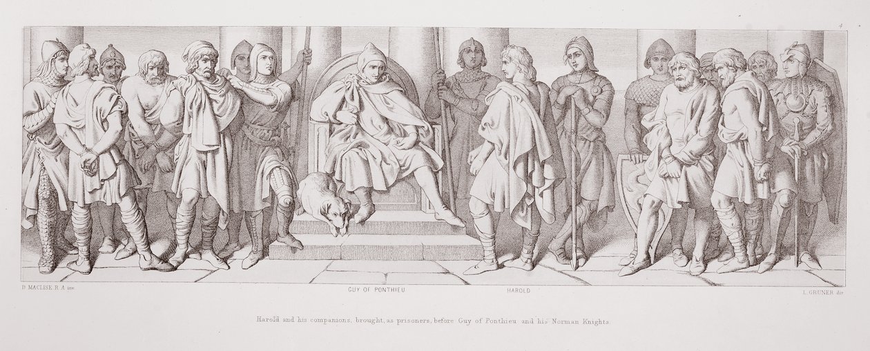 Harold ve arkadaşları, tutsak olarak, Guy of Ponthieu ve Norman şövalyelerinin önüne L. Gruner tarafından kazınmış 'Norman Fethinin Öyküsü'nden getirdiler, 1866 by Daniel Maclise