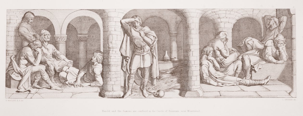 Harold ve Saksonlar, L. Gruner tarafından kazınmış 'Norman Fethinin Öyküsü'nden, Montreuil yakınlarındaki Beaurain Kalesi'ne hapsedildi, 1866 by Daniel Maclise