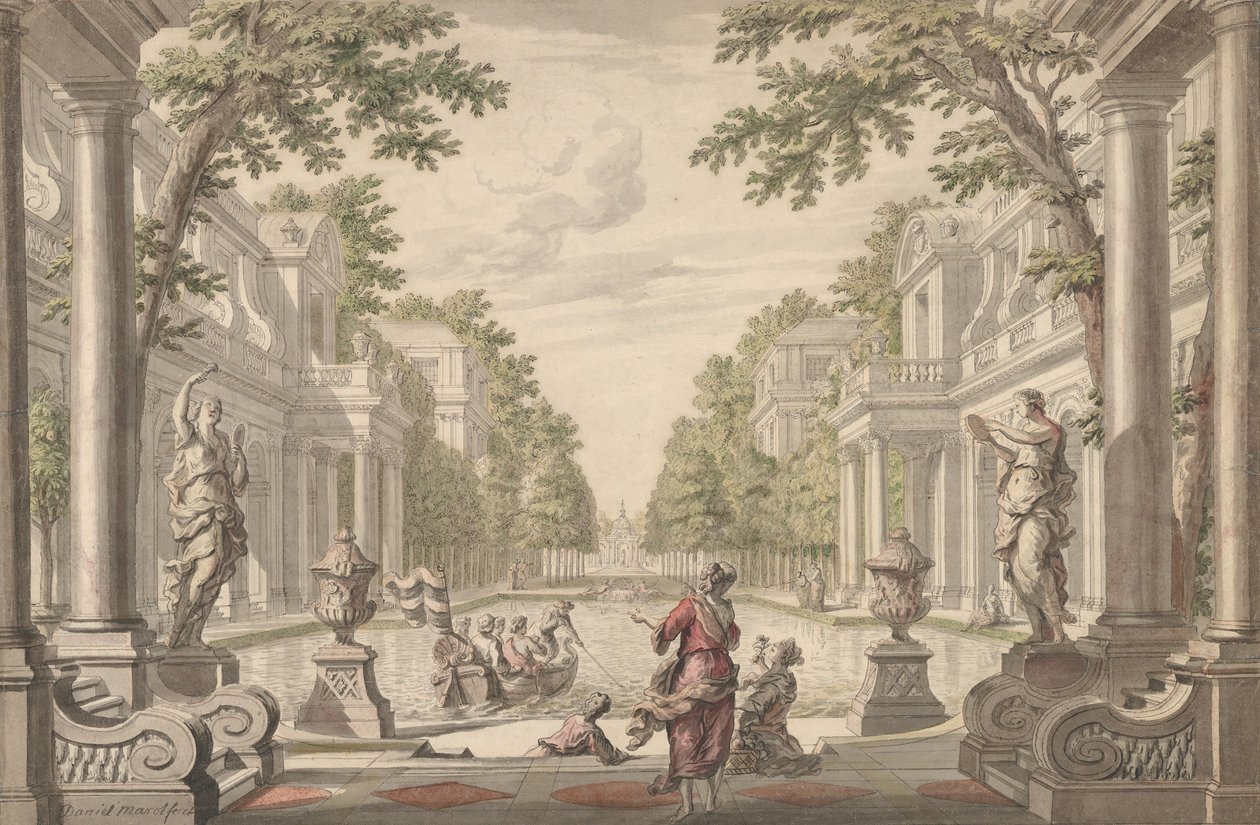 Klasik Mimari ile Çevrili Merkezi Göletli Saray Bahçesi Görünümü..., ca. 1700-1720. by Daniel Marot