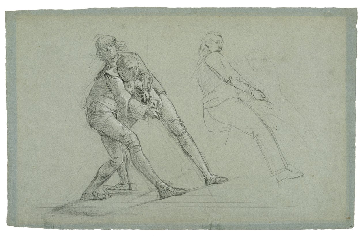 Cebelitarık Kuşatması Çalışması (İp Üzerinden Çeken Figürler Çalışması), 1785-1786 (gri-mavi kağıt üzerine siyah beyaz tebeşir) by Daniel Mytens
