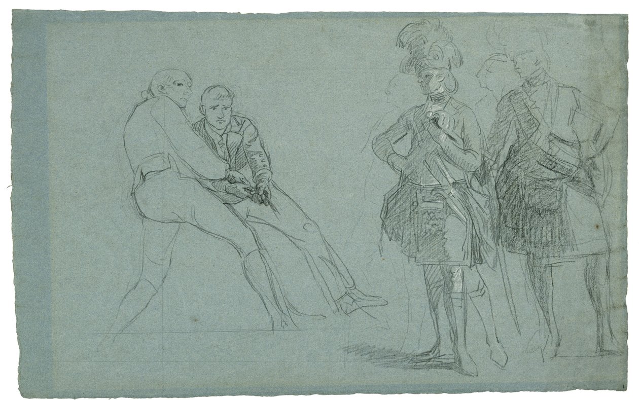 Cebelitarık Kuşatması Çalışması (Yarbay Lindsay ve İp Üzerinden Çeken Figürler Üzerine Çalışma), c. 1786-1787 (gri-mavi kağıt üzerinde grafiti ve siyah beyaz tebeşir) by Daniel Mytens