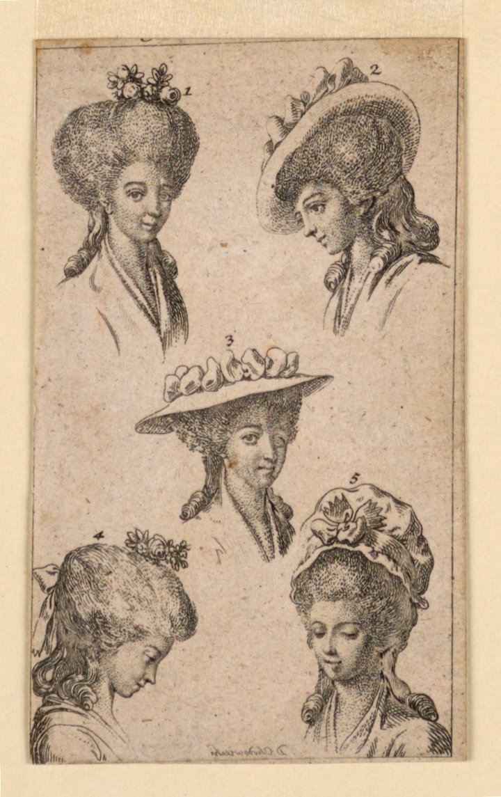 Beş Başlık, Berlin Kadınları Tarafından Giyildiği Gibi, "Königl: Grosbrit [anian] soy ağacı takvimi, J.G. Berenberg tarafından 1783 yılı Lauenberg için" by Daniel Nikolaus Chodowiecki