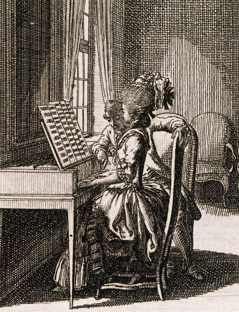 Müzik, omurgayı oynayan kadın, yazan Daniel Niklaus Chodowiecki (1726-1801), Occupations des dames, Almanya, Polonya by Daniel Nikolaus Chodowiecki