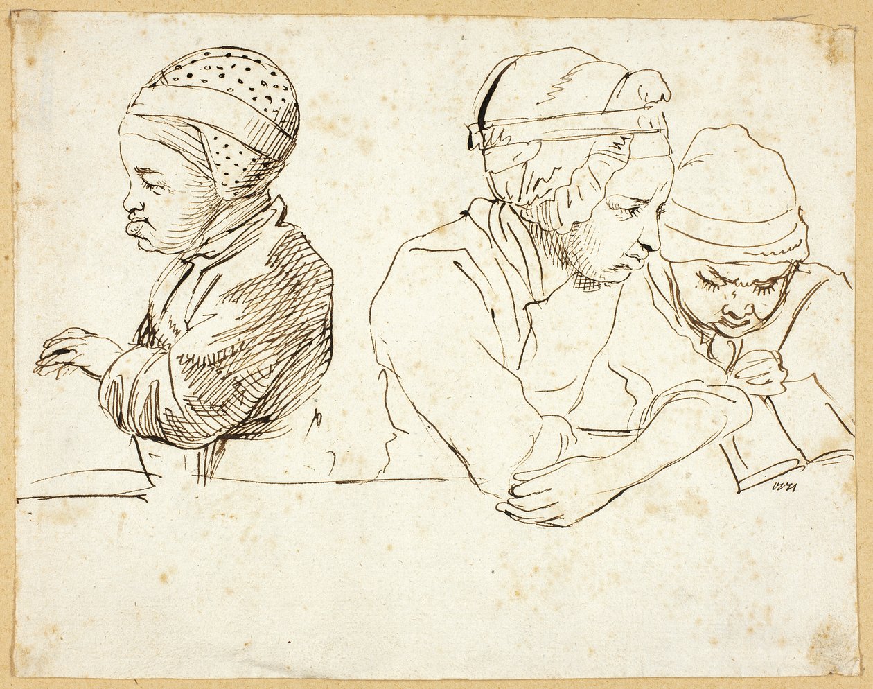 Üç Çocuk (rekto); Baş, Gözler, Dudaklar ve Çiçeklerin Eskizleri (ters) by Daniel Nikolaus Chodowiecki