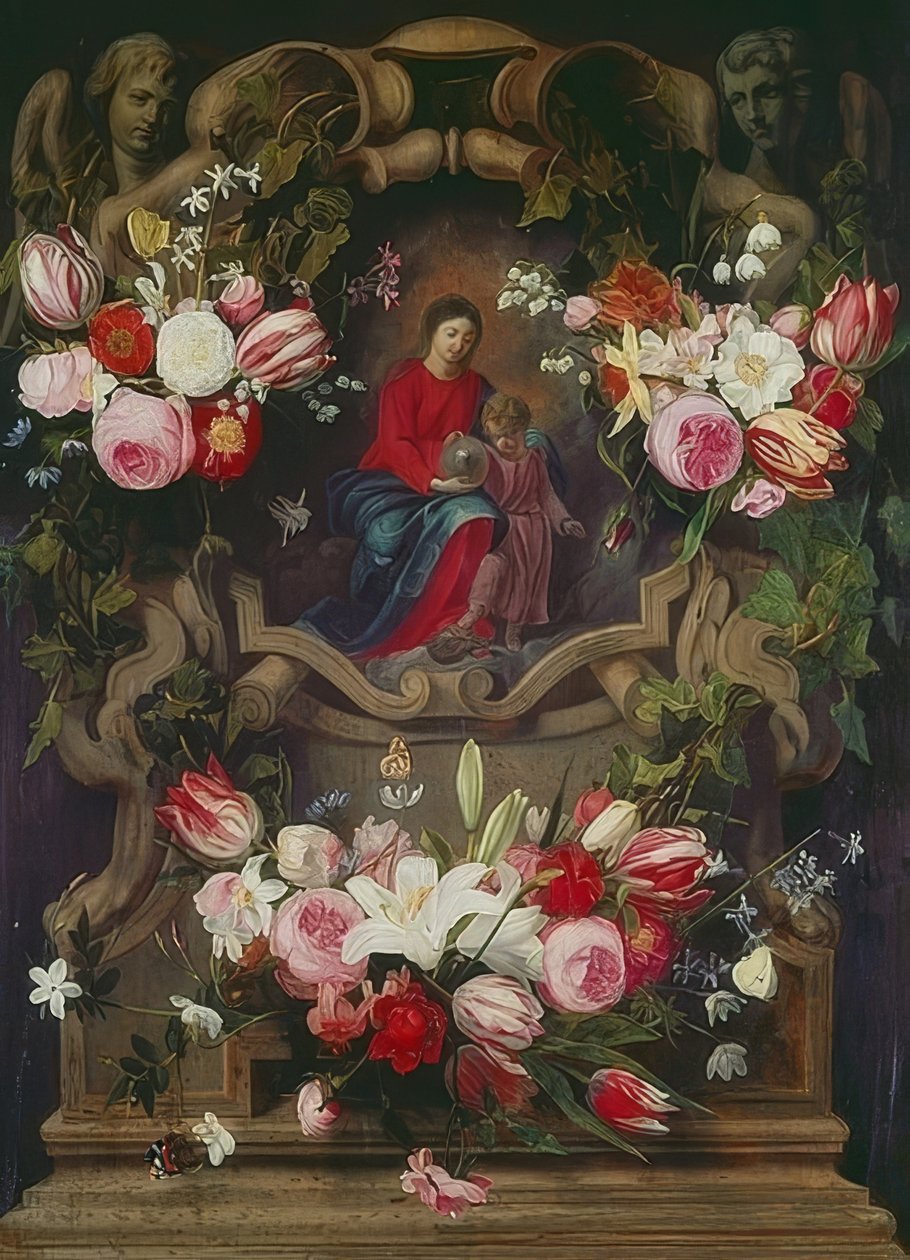 Madonna ve Çocuk ile çiçek çelenk by Daniel Seghers