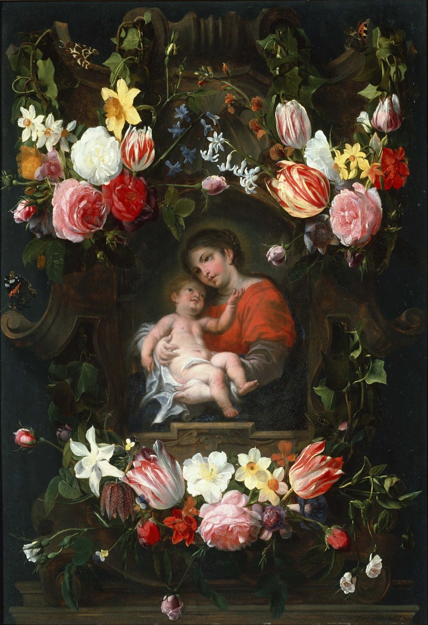 Madonna ve Çocuklu Çiçeklerden Çelenk, 17. yüzyılın ilk üçte biri. by Daniel Seghers