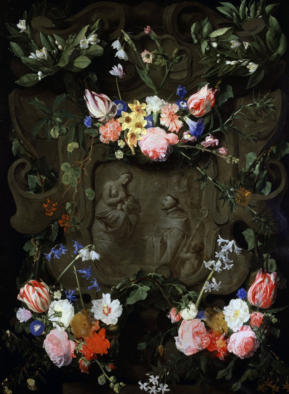 Çiçeklerle süslenmiş ve bakireye tapınma temsili içeren mermer niş. Daniel Seghers (1590-1661) tarafından yapılmıştır. Özel koleksiyon. by Daniel Seghers