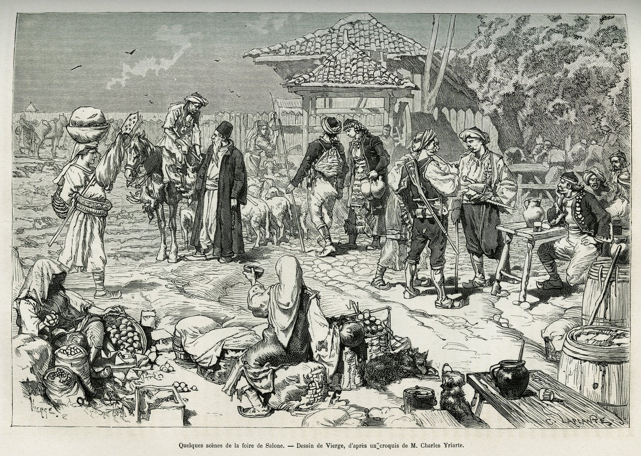 Salone fuarından (Hırvatistan), meyve, sebze, kümes hayvanları ve kuzu satışından bazı ortak sahneler ve tuzdan arındırma için kurulan masalar. 1874
